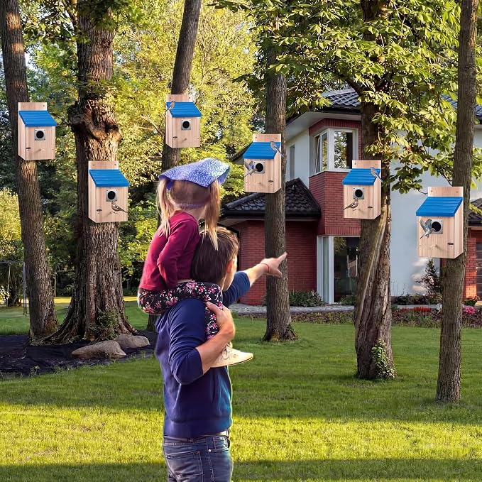 Dreyoo 8 Pack Bluebird Houses for Outside, 1-1/2'' Entrance Hole Wooden Bluebird Houses for Outdoors with Metal Guard, Secure Latch, Fledgling Grooves, Air Vents (Blue Roof with Wood Body)