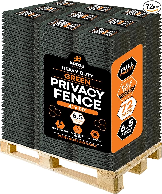 Xpose Safety Privacy Fence Screen 4’ x 50’ (72 Pack) – Bulk Full Pallet – Heavy Duty Green Mesh with 90% Visibility Block, UV Protection – for Garden, Yard, Nursery, Kennel, Dog Run, Greenhouse