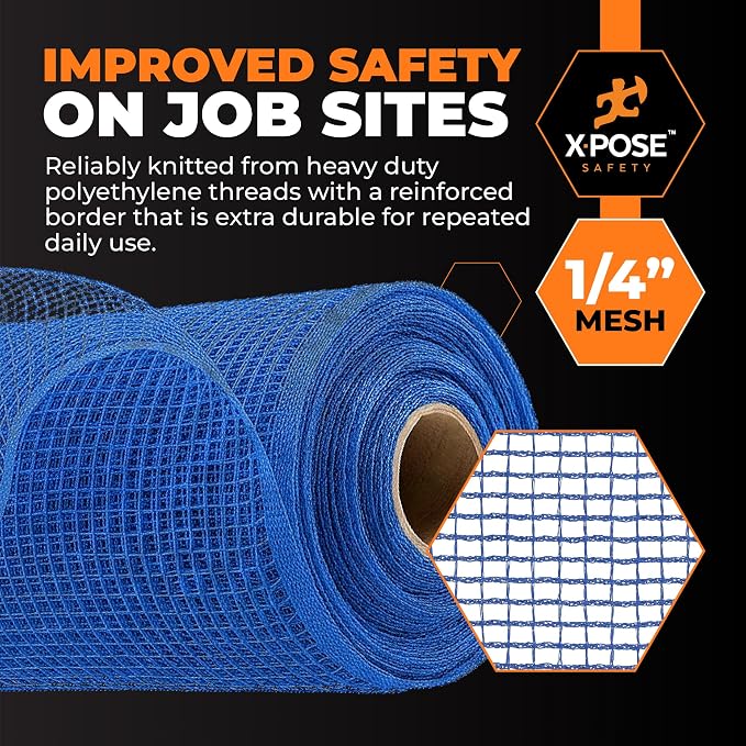 Xpose Safety Construction Safety Netting – 5.5' x 150', 1/4" Mesh Scaffold Safety Net, Temporary Material Roll, Visibility Fence, Heavy-Duty Fire Retardant, Blue (24-Pack)