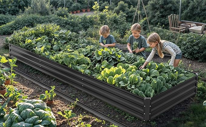 DWVO 2pcs 12 x 4 x 1 FT Raised Garden Bed Kit, Outdoor Galvanized Flower Bed with Safety Rubber and Gloves, Large Metal Planter Box for Vegetables, Flowers, Herbs, Fruits, Black