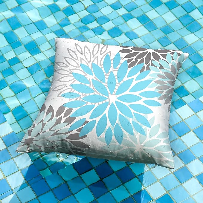 DFXSZ Sky Blue Flower Pillow Covers 16x16 Inch Set of 2 White Gray Colored Throw Pillows Outdoor Waterproof Decor for Living Room Sofa Patio Funiture Garden Floral Polyester Pillow Covers 002M16