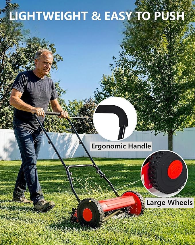 16-Inch Hand Push Reel Lawn Mower, 5-Blade Manual Push Lawnmower, 0.4-4" Adjustable Cutting Height, Lightweight for Small/Medium Yards, Easy Assembly, Compact & Quiet, Red