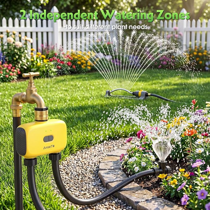 WiFi Sprinkler Timer 2 Zone, Smart Water Timer for Garden with App Remote Control for Travel, Brass Inlet Smart Irrigation System for Outdoor Hose, Patios, Lawns, Flower Bed & Yard Care