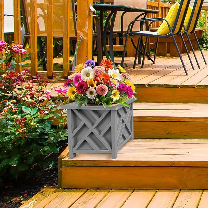 Lattice Design Outdoor Planter Box - 15.5” Square 16.5” Tall Gray Plant Pot - Decorative Plant Pots for Front Porch Decor - Flower Pots Outdoor Planters for Porch Patio or Garden Decor by Pure Garden