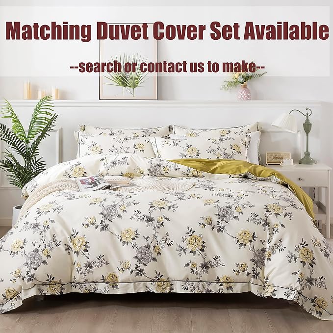 FADFAY Floral Sheets Set Queen Vintage Rose Floral Bedding Shabby Grey and Yellow Peony Sheets Farmhouse Bedding 800 Thread Count 100% Egyptian Cotton Soft Deep Pocket Fitted Sheet 4Pcs, Queen Size