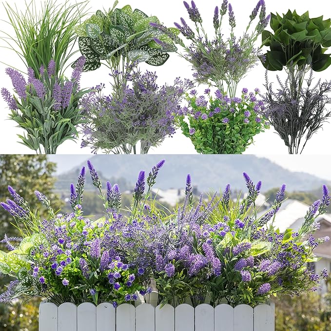 Green Moon 20 Bundles Artificial Lavender Plants Outdoor Fake Outdoor Plants UV Resistant for Home Planter Garden Patio Yard Decor