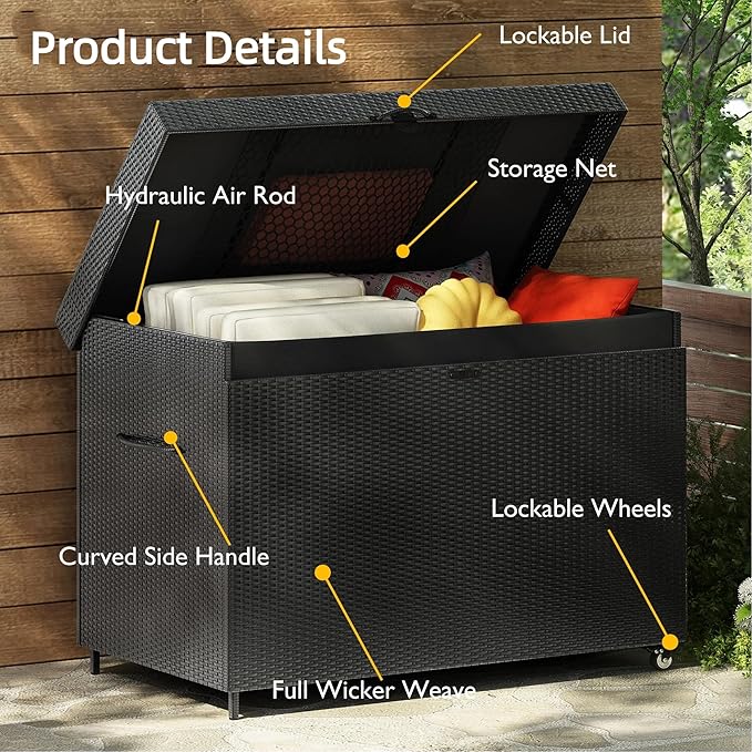 230 Gallon Wicker Deck Box - Waterproof Outside Storage Box with Wheels - Outdoor Bench for Indoor & Outdoor Use, Storage Bin for Patio Furniture, Pool Storage and Garden Tools - Black
