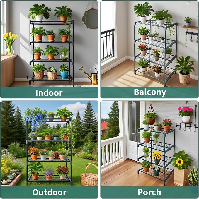 2 Pack Plant Stand Indoor Plant Shelf Outdoor,4 Tier Metal Greenhouse Shelves for Multiple Plant Pot Holder, Waterproof Greenhouse Shelving for Living Room Patio Home Decor for Gardening