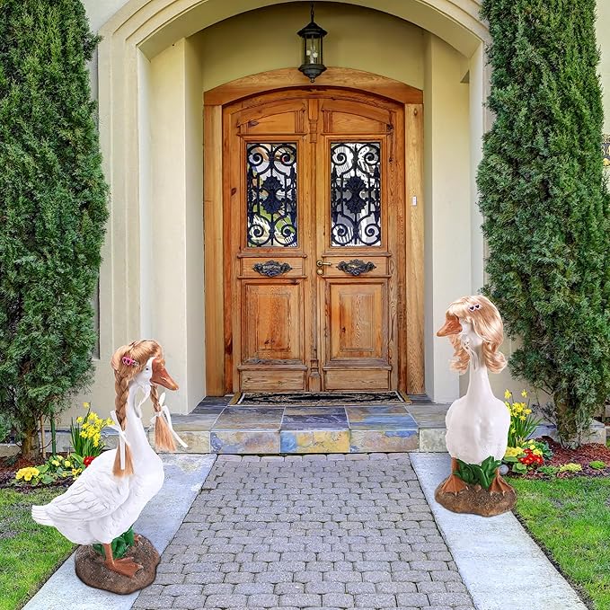 DECOHS 4 Pcs Porch Goose Wigs with Hair Clips, Cute Lawn Goose Statue Braid Wig, Porch Goose Outfits Costume for Outdoor Garden Patio Yard Goosey Decoration