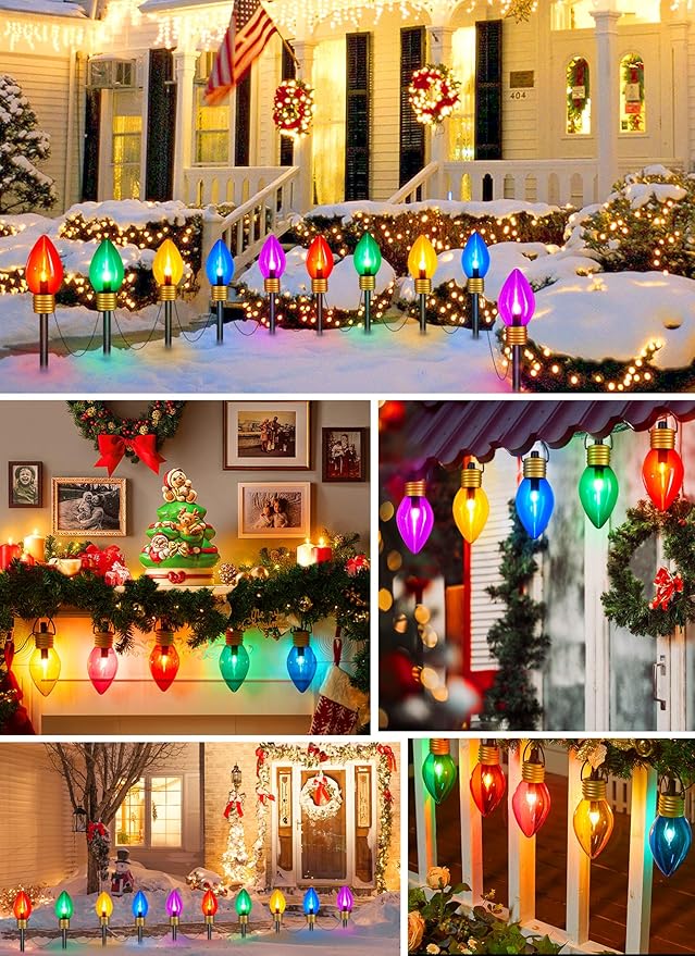 Moonflor 4 Pack Jumbo C9 Christmas Pathway Lights Outdoor - Total 34FT 20 LED C9 Christma Walkway Light, Multicolor Christmas Decoration Outside, Giant Christmas Lights Outdoor for Lawn Holiday Yard