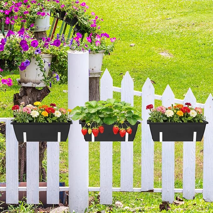 OYEAL 6 Pack Railing Planter Boxes with Adjustable Brackets Outdoor Hanging Window Boxes Planters Deck Railing Planter Boxes with Drainage Holes for Fence, Garden, Balcony, Patio, Black & White