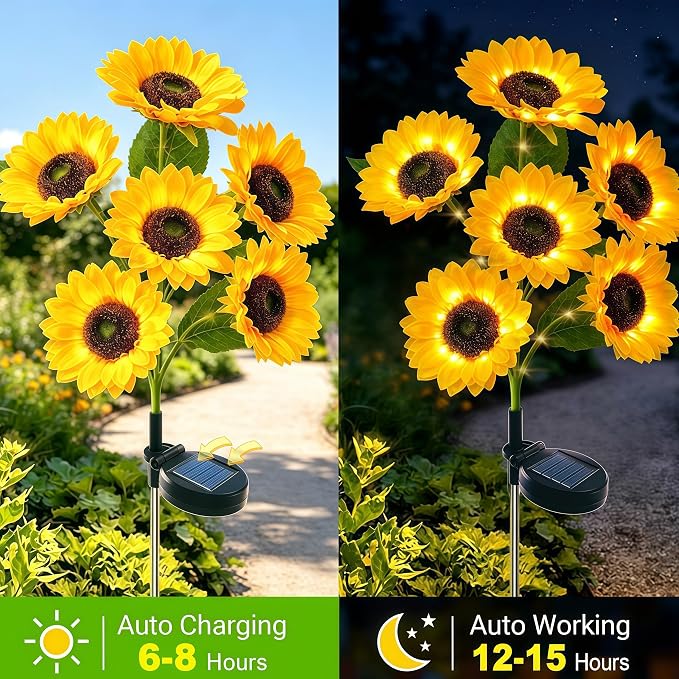 Solar Garden Lights Outdoor, 4 Pack Solar Sunflower Lights with 24 Sunflower, Waterproof Long-Lasting Outdoor Solar Patio Decor Suitable for Yard, Lawn, Pathway, and Backyard Decoration