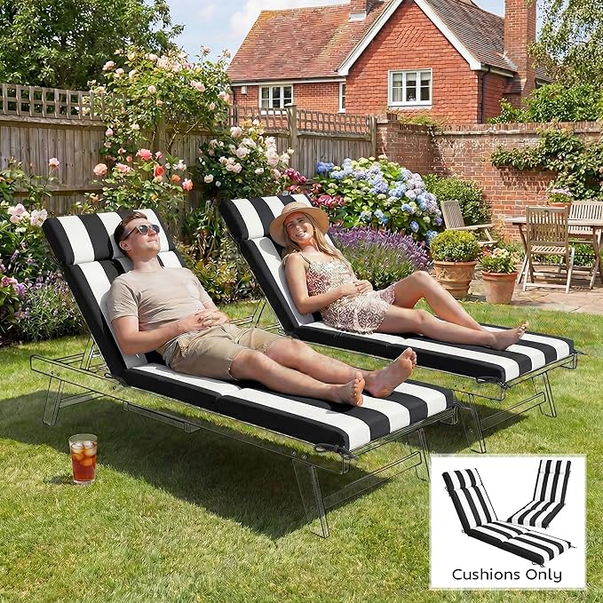 Outsunny Outdoor Chaise Lounge Cushions Set of 2, Chaise Lounge Cushions with 6 Ties, High-Density Foam, 72 x 21.1 x 2.6 Inch Water-Repellent and UV-Resistant for Patio, Poolside, Black and White