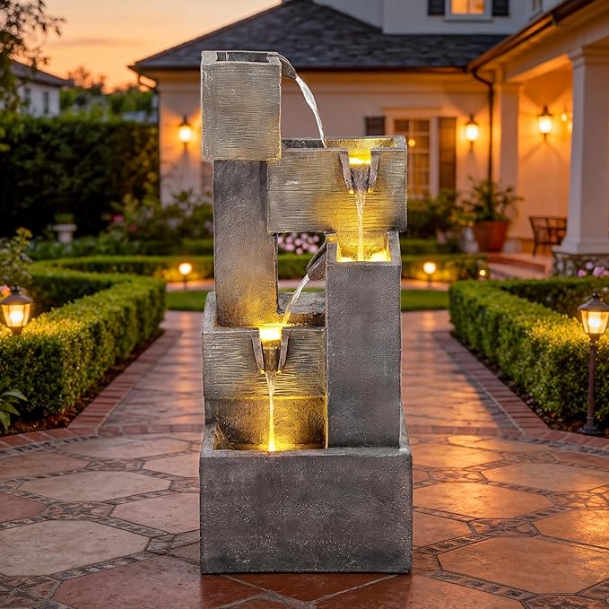 AUTODAYA 32.5" Modern Outdoor Water Fountain with LED Lights, 5-Tier Stacked Blocks Garden Fountain Cascading Waterfall Feature for Relaxing Garden, Patio, Backyard, Deck, Porch or Home Décor