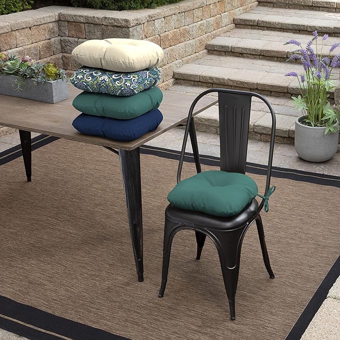 Arden Outdoor Tufted Bistro Seat Cushion, Set of 4, 14.5 in x 15 in, Rain-Proof, Fade Resistant Peacock Blue Green Texture