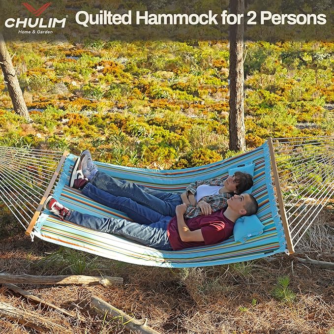 CHULIM 12 FT Double Quilted Fabric Hammock with Spreader Bars and Pillow 450 LBS Weight Capacity 2 Person Hammock for Outdoor Patio Backyard Poolside Blue Stripes