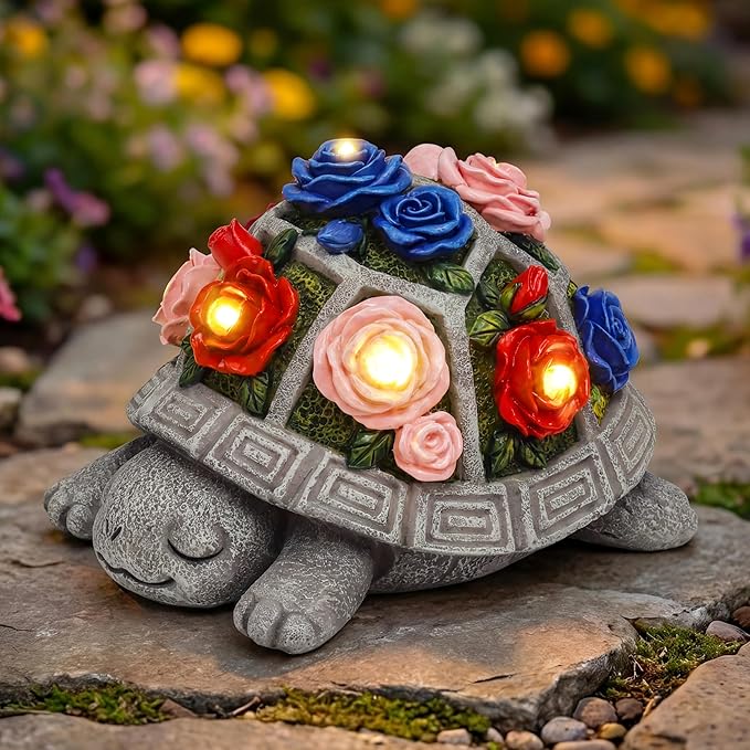 Solar Garden Outdoor Decor Turtle Statue with Colorful Roses & 7 LED Lights – Outside Tortoise Decor for Yard Patio Balcony & Backyard - Home House Decoration Art- Gift for Women Mom Grandma