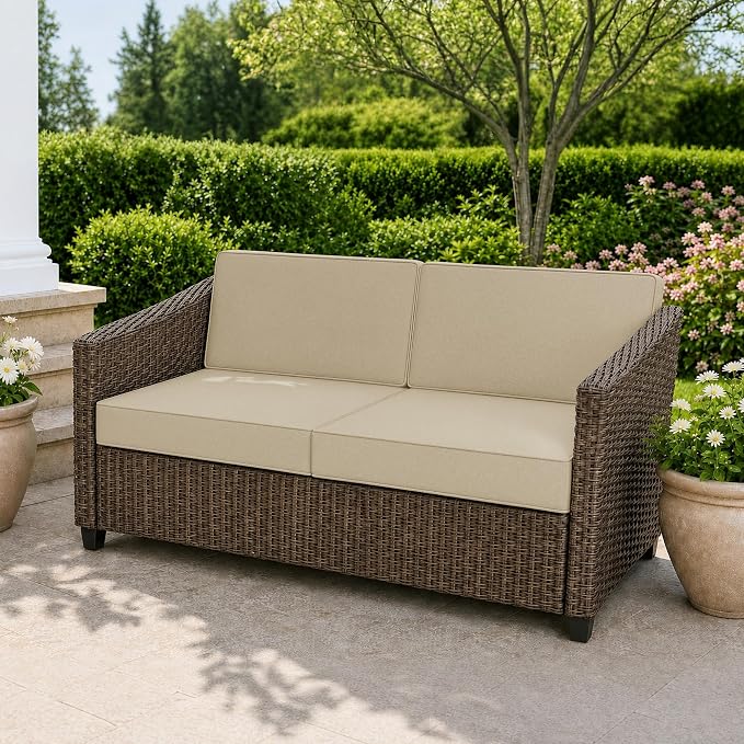 Outdoor Furniture Cushions 25.6x25.6 Inch, Deep Seat Patio Couch Cushions Replacement for Sectional Conversation Set Sofa Loveseat, Fade and Water-Resistant, Removable Cover, Set of 2, Natural