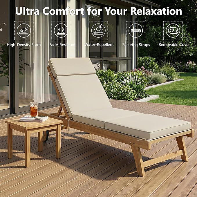 80 x 26 Inch Outdoor Chaise Lounge Cushion - Removable Cover, 4-Section Design, Water-Repellent & Fade-Resistant, 6 Tie Straps, Replacement for Patio & Pool Chairs - Cream