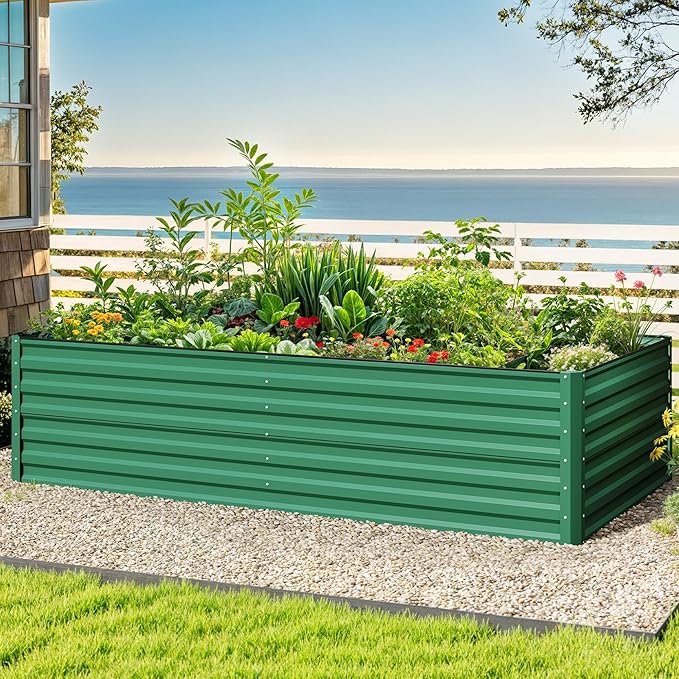 DWVO 8 x 4 x 2 FT Raised Garden Bed Kit, Outdoor Galvanized Flower Bed with Safety Rubberg and Gloves, Large Metal Planter Box for Vegetables, Flowers, Herbs, Fruits, Green