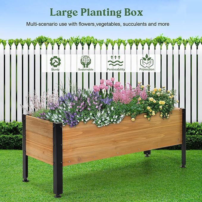 OIPRTGFJ Wood Rectangular Garden Planter Box Raised Garden Bed Outdoor,Planters for Outdoor Plants 37x13x15in Elevated Planter Box for Herbs Vegetables Flowers Great for Patio Deck Balcony