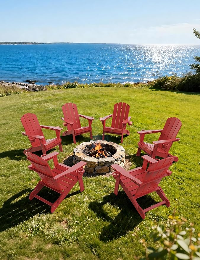 Folding Adirondack Chair Set of 6, Wooden Textured Plastic Adirondack Chairs with 2 Cup Holder, Weather Resistant HDPE Fire Pit Chair, Outdoor Patio Chairs for Garden, Backyard, Lawn, Deck, Red