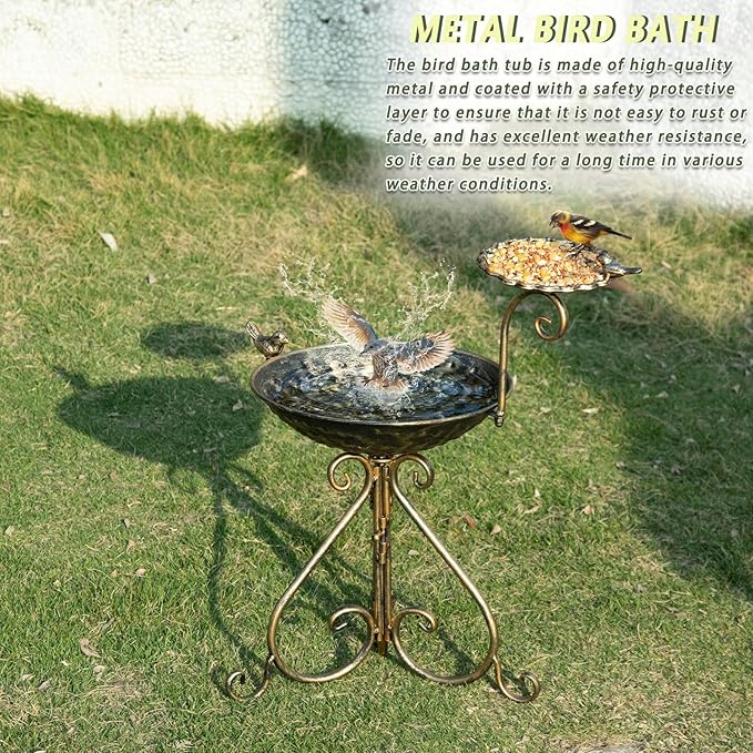 Bird Baths for Outdoors, Free-Standing Bird Bath and Bird Feeder 2-in-1 Design, Metal Bird Bath Stand and Bird Feeder Seed Tray for Garden Yard Decor