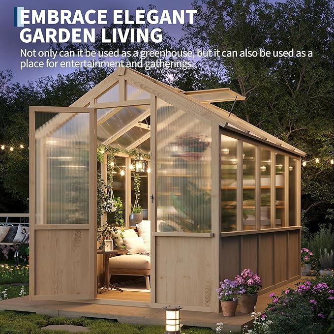 6x10 FT Greenhouse - Large Wooden Greenhouses for Outdoors, Heavy Duty Spruce Frame Greenhouse with PC Panels, Adjustable Roof Vents & Lockable Door, Walk-in Green Houses for Garden, Backyard, Patio