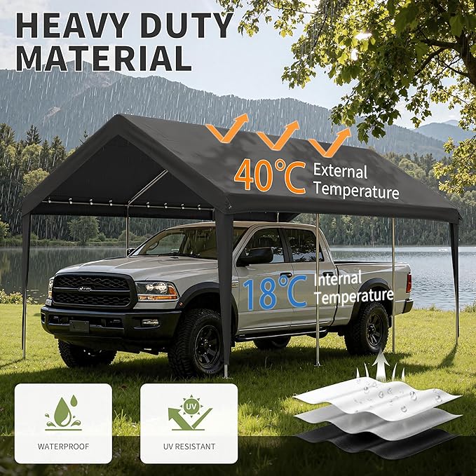 Carport Replacement Canopy Cover 10'x20' for Tent Top Garage Shelter Cover, 800D Heavy Duty Oxford Waterproof & UV Protected Car Canopy Tarp with Ball Bungees (Frame is not Included)