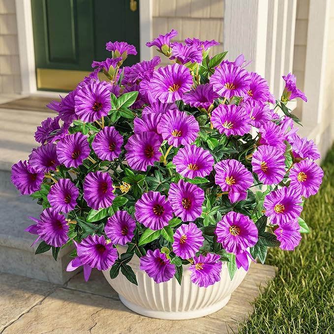 Purple Artificial Morning Glory Flowers for Outdoor Planters, Premium UV Resistant Silk Faux Flowers for Porch, Hanging Basket & Window Box, Cottage Garden Decor, No Pot, 13.3 Inch, 8 Bundles