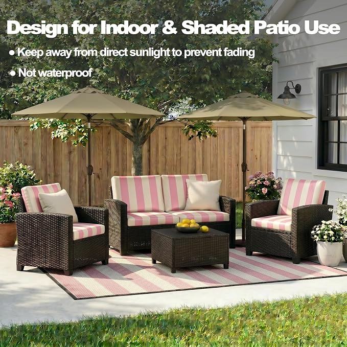 CALBODE 14 Pcs Stretch Outdoor Seat Cushion Covers, Washable Striped Chair Seat Cover for Patio Furniture Cushions Soft Indoor and Outdoor Couch Cover Replacement (Pink&Beige, Cover Only)