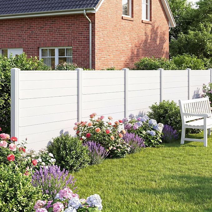 HAPPYGRILL Air Conditioner Fence, 4 Panels Outdoor Privacy Screen with Metal Stakes, No Dig Pool Equipment Enclosure, 48" x 38" Trash Can Screen Fence Kit for Outside Backyard, White