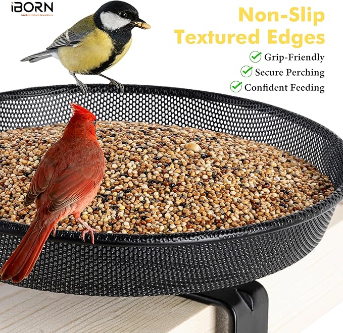 iBorn Deck Bird Feeders for Outdoors,Platform Bird Seed Tray with 5.5 lbs Capacity,Balcony Porch Railing Bird Feeder, Drainage Mesh Holes,Tilt-Proof, Windproof, Anti-Loosen, Easy to Refill&Clean,Black