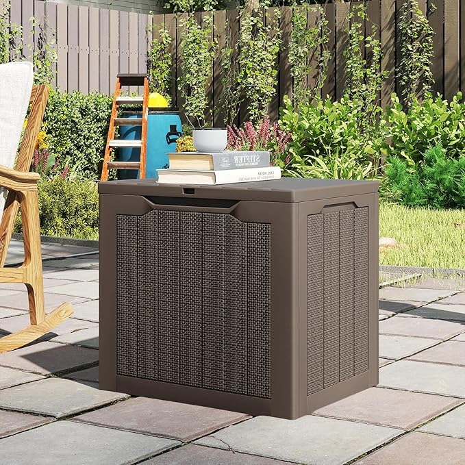 Tangkula 30 Gallon Outdoor Storage Box, Resin Outdoor Storage Bench with Lockable Lid, Waterproof Deck Box for Garden Tools, Pool Accessories, Cushions
