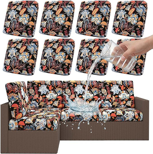 Smiry Waterproof Patio Cushion Covers, Stretch Outdoor Couch Slipcovers Replacement Washable Furniture Protector Sofa Chair Seat Cover for Dogs and Pets (8 Pcs, Black and Orange)