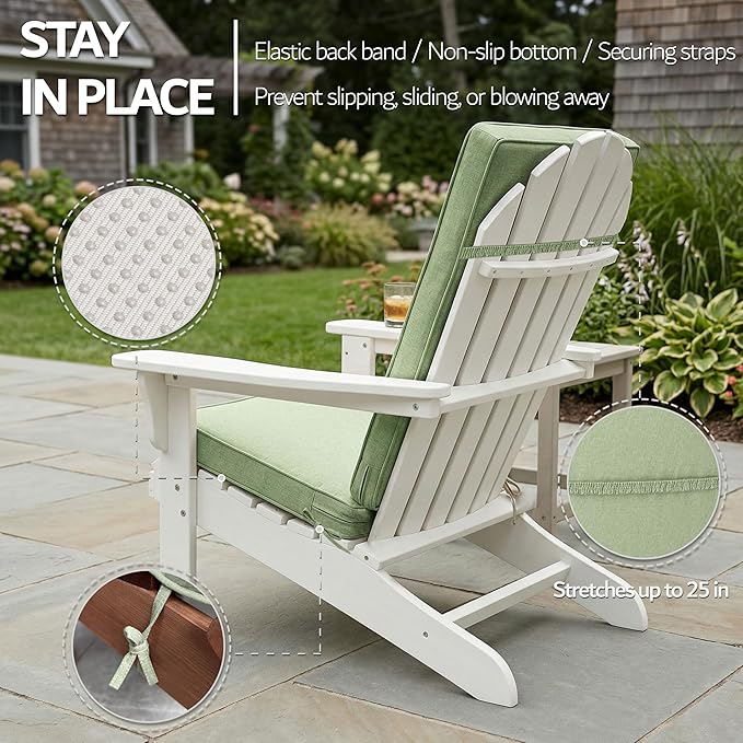Adirondack Chair Cushions Set of 2 - Removable Covers, Water-Repellent & Fade-Resistant Faux Linen, Securing Straps, Non-Slip Bottom, Fit for Most Outdoor Adirondack & Rocking Chairs - Sage Green
