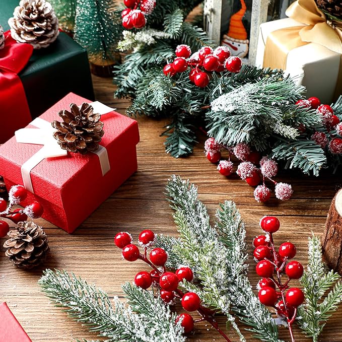 Lyrow 80 Pieces Christmas Snowy Pine Tree Picks Artificial Berry Stems Sprays Faux Cedar Pine Needles Branches for Holiday Arrangement Wreath DIY Garland Holiday Decor Winter Greenery (Red)