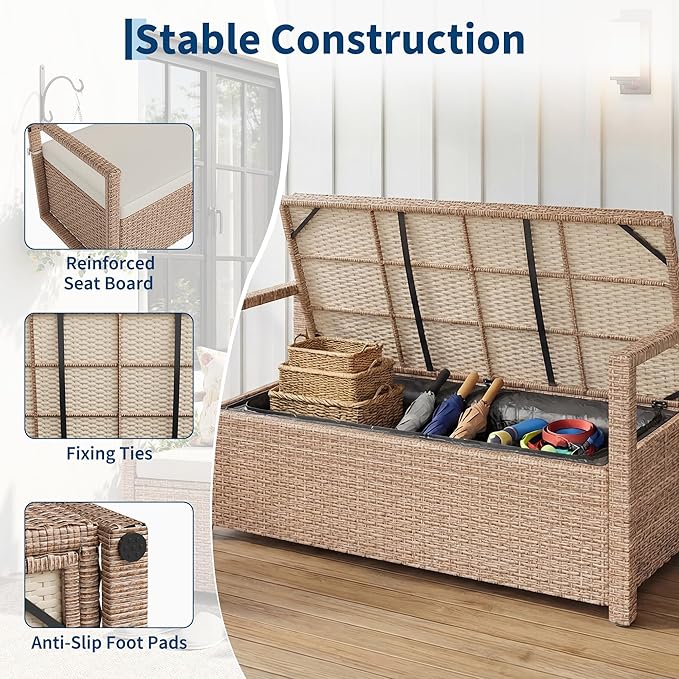 Outdoor Storage Bench with Cushion, 2-Person All-Weather PE Rattan Patio Bench with Backrest & Armrests, Waterproof Wicker Deck Box Seat for Garden, Porch, Poolside & Backyard, Metal Frame，Yellow
