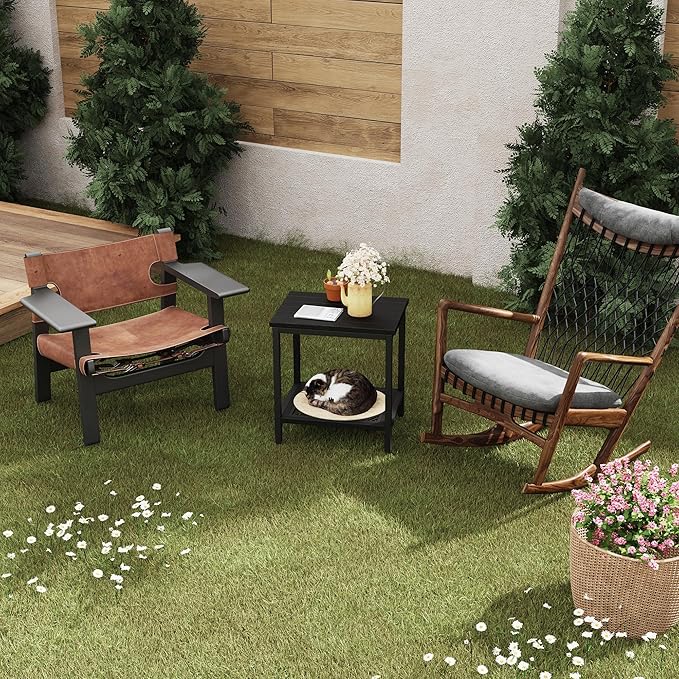 Outdoor Side Table with Storage, 2-Tier Patio End Tables Weather Resistant, Black Outdoor Accent Table,Small Side Table for Pool, Deck, Garden