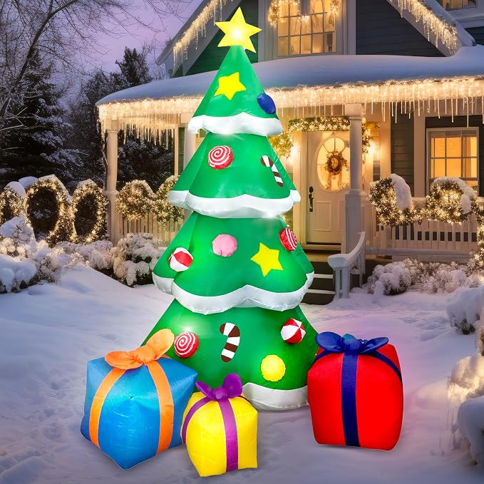 Joiedomi 7FT Tall Christmas Inflatables Tree Outdoor Decoration, Giant Christmas Inflatable Tree with 3 Gift Boxes with Build-in LEDs for Blow Up Xmas Decoration, Indoor Outdoor Yard Garden Lawn Décor