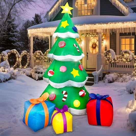 Joiedomi 7FT Tall Christmas Inflatables Tree Outdoor Decoration, Giant Christmas Inflatable Tree with 3 Gift Boxes with Build-in LEDs for Blow Up Xmas Decoration, Indoor Outdoor Yard Garden Lawn Décor