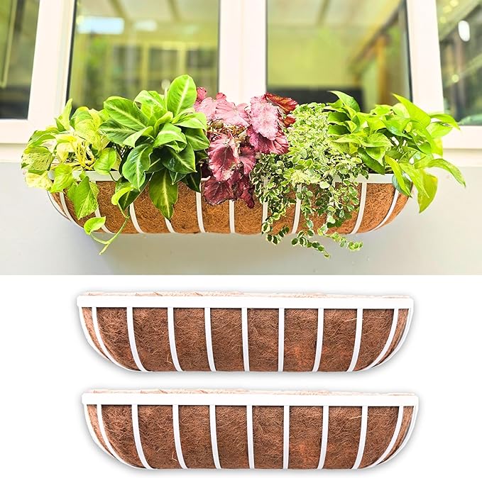 LaLaGreen Outdoor Planter Boxes (30 Inch, 2 Pack) White Metal Deck Railings Flower Box with Coco Liner, Rectangular Hanging Planters for Window Plant Horse Trough Fence Balcony Garden Herb Porch Patio