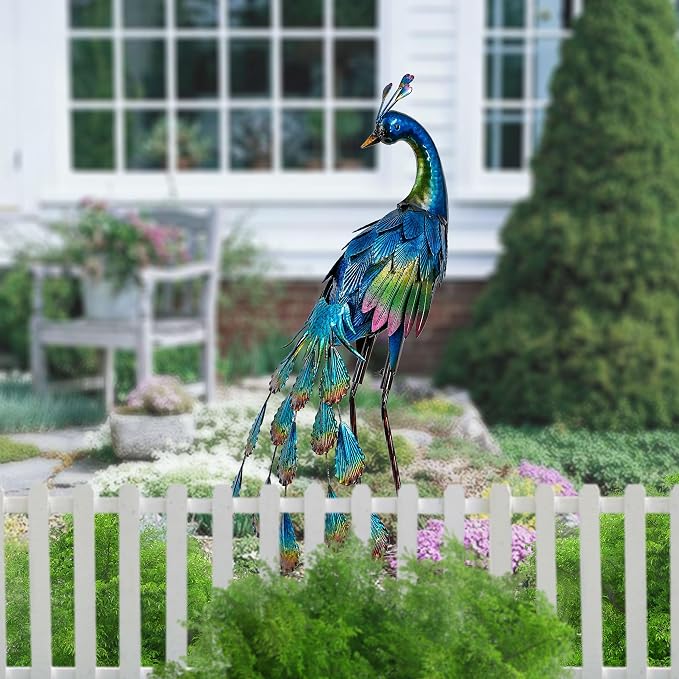TERESA'S COLLECTIONS Garden Decor, Peacock Yard Decor, Elegant Peacock with Colorful Painting,18", Waterproof Metal Outdoor Statues, Garden Gifts, Birthday Gifts for Women Mom