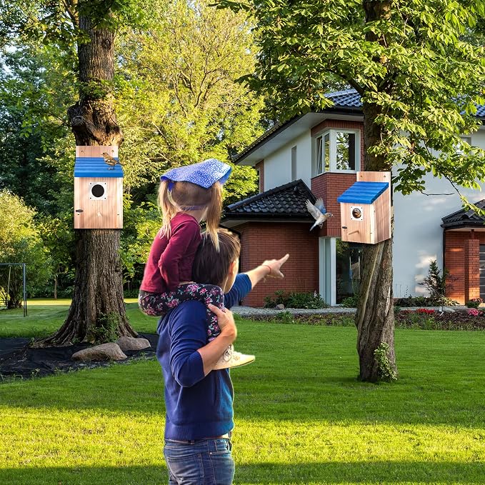 Dreyoo 3 Pack Bluebird Houses for Outside, 1-1/2'' Entrance Hole Wooden Bluebird Houses for Outdoors with Metal Guard, Secure Latch, Fledgling Grooves, Air Vents (Blue Roof with Wood Body)