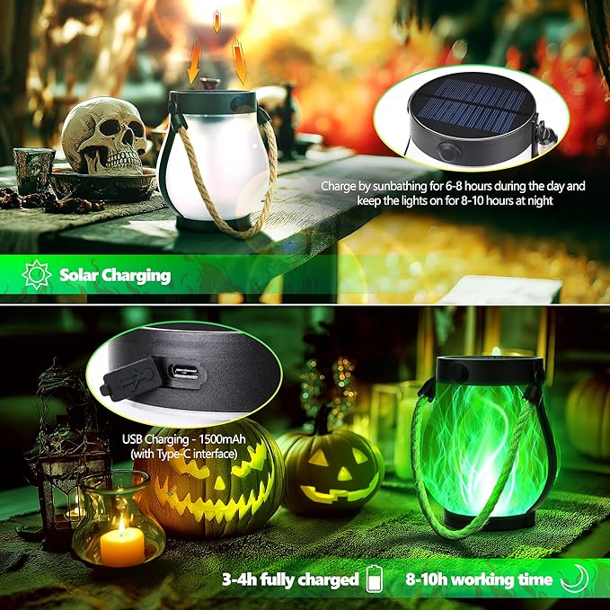 Jyoiat Solar Flame Lantern Hanging Outdoor Waterproof - 2 Pack Flame Lanterns with Dual Charging Modes of Solar & USB for Garden or Yard Decorations (Green - 2 Pack)
