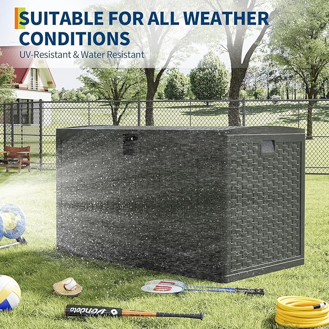 120 Gallon Waterproof Outdoor Storage Box - Lockable Deck Box for Patio Furniture, Cushions, and Garden Tools, All-Weather Resin with Black Rattan Finish, Grey