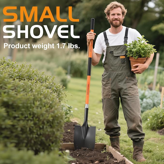 HIGHLIGHT 56-Inch Heavy Duty Round Point Garden Shovel with Non-Slip Fiberglass Handle and Sharp Blade for Deep Digging, Trenching, Landscaping, Snow, Camping and Yard Work - Orange