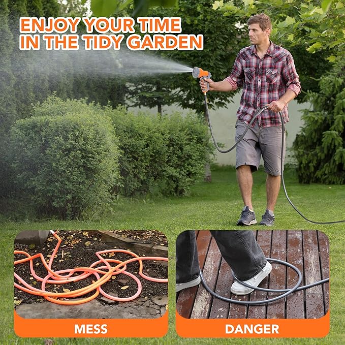 GAOMON Retractable Garden Hose Reel - 1/2 in x 72 ft, Wall Mounted, 9-Function Sprayer, Any Length Lock, 180° Swivel, Automatic Slow Rewind