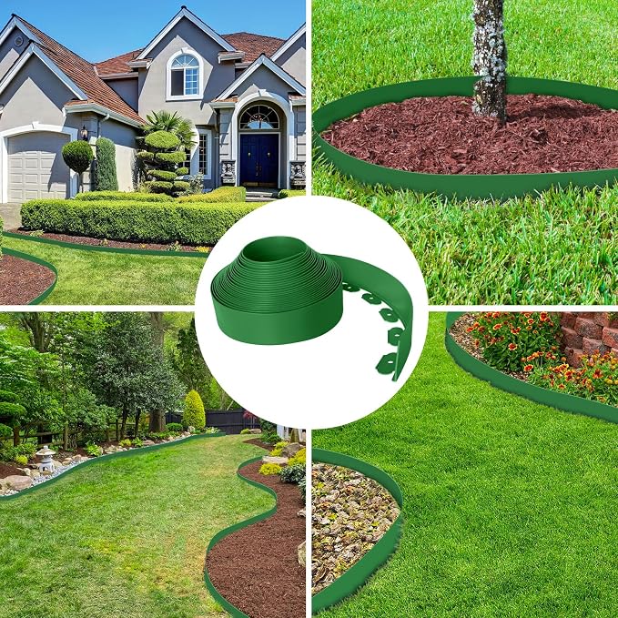 4-Inch x 33 FT Landscape Edging Border with 50 Spikes, Garden Edging Lawn Edging Border Kit, Plastic Edging Border Flexible for Garden Flower Beds Lawn Yard Pathway (Green)