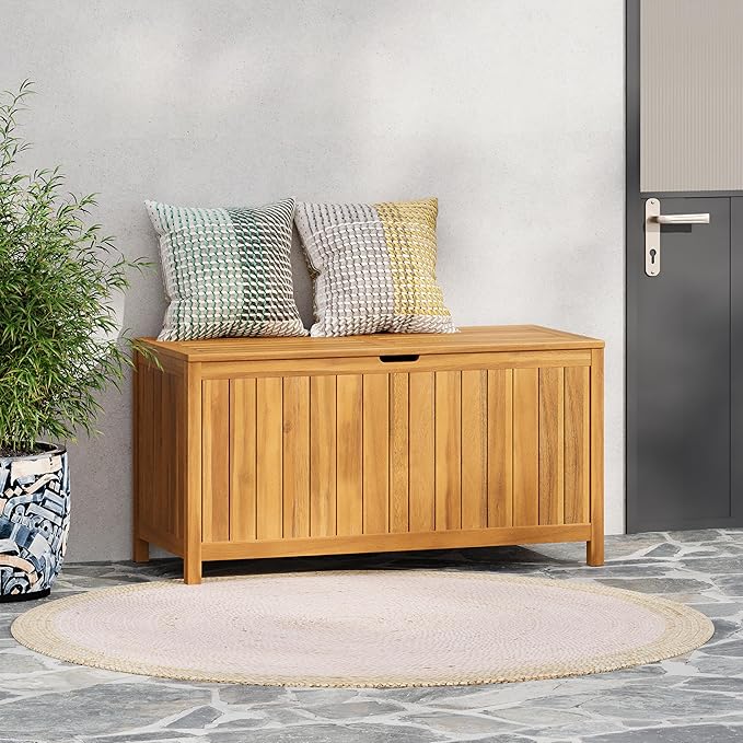 Christopher Knight Home Wood Cabinet Box, Slat Panel Storage Cabinet, Storage Organzier with Easy Open Lid Hinges, Easy Assembly, Outdoor Patio 100 Gallon Acacia Wood Deck Storage Box, Teak